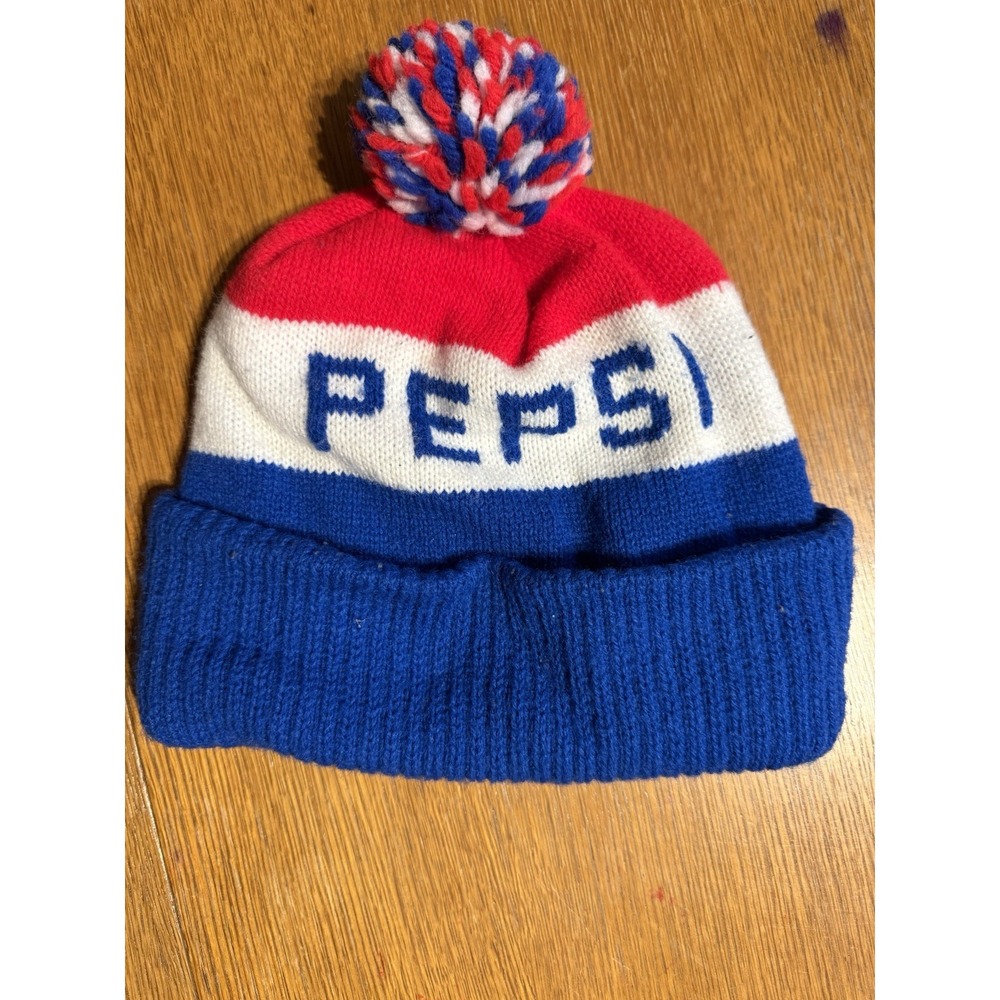 Vintage Pepsi Beanie Red White Blue‎ Knit Pom Hat 70s 80s USA Made Retro Soda